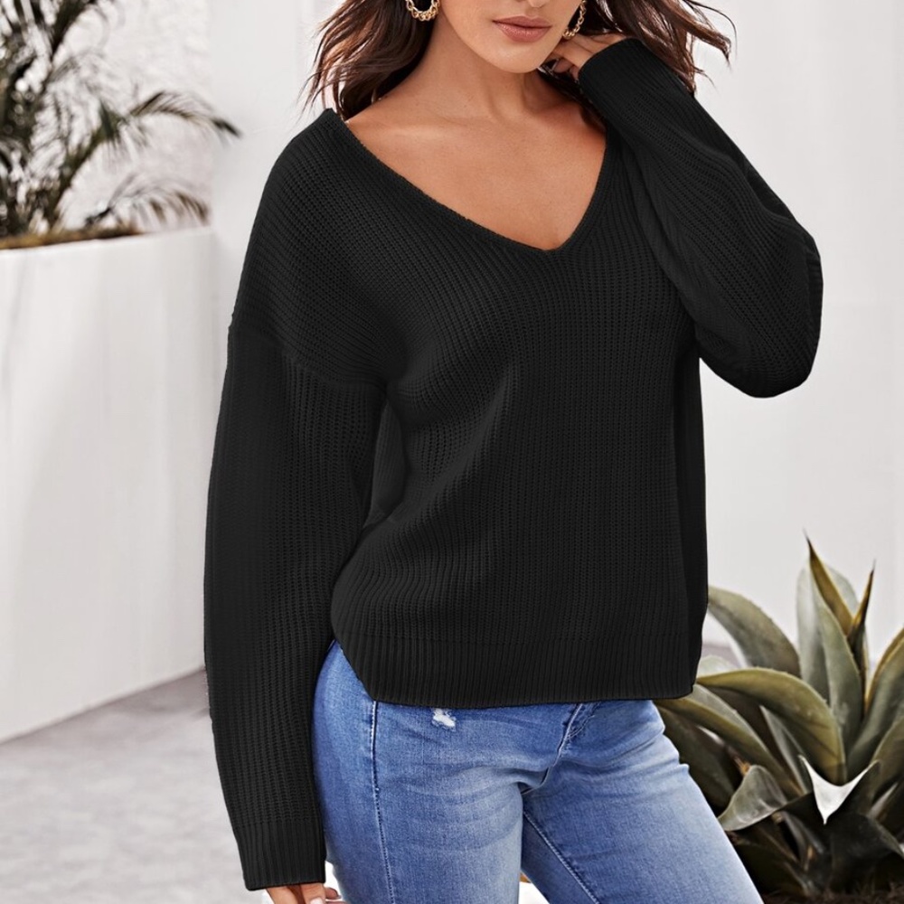 fall lace up back v neck knit sweater burgundy - Picture 9 of 11